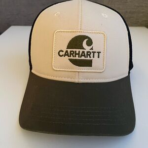Carhartt Trucker Cap Hat Black and Beige and Dark Green Patch Logo mesh
